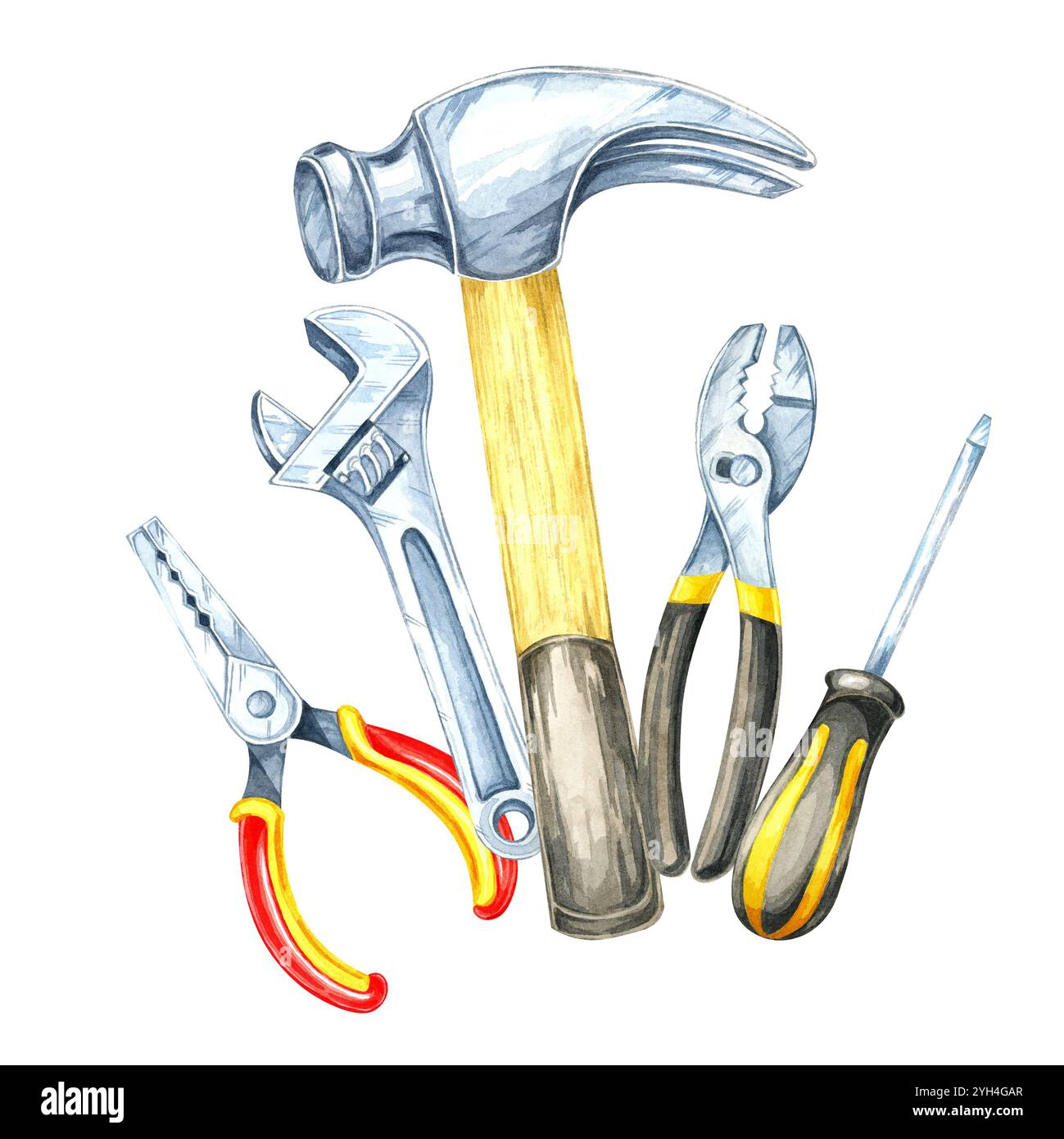 Ein Hammer mit silbernem Kopf und Holzgriff, Schraubenschlüssel, Zange mit rotem und gelbem Griff und einem Schraubendreher. Aquarell-Clipart für Baumarken, Reparaturservice-Marketing oder Heimwerkerprodukte Stockfoto