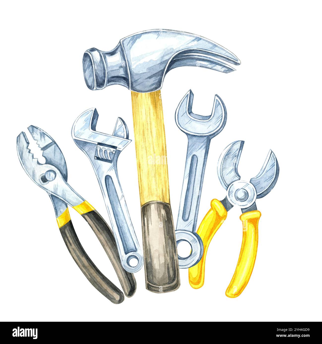 Ein Hammer mit Holzgriff, silbernen Schraubenschlüsseln und Zangen. Handgemalte Aquarellillustration. Perfekt für Kataloge zur häuslichen Verbesserung, Bauprojekte und Branding im Baugewerbe Stockfoto