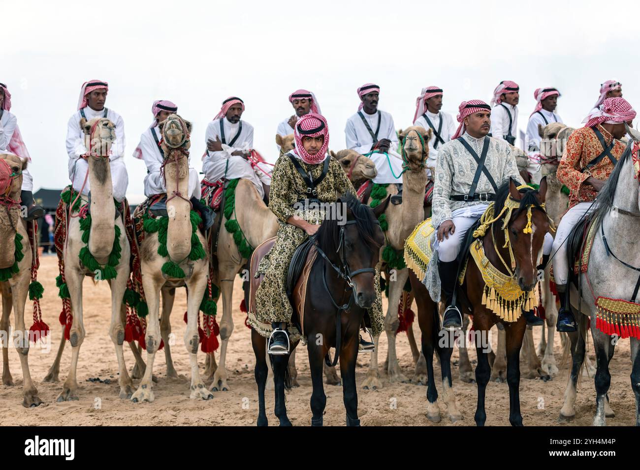 Saudi-arabische Kamelreiter mit ihren Kamelen nehmen am 10. Januar 2020 an einem traditionellen Wüstensafari-Festival in Abqaiq, Saudi-Arabien, Teil. Stockfoto