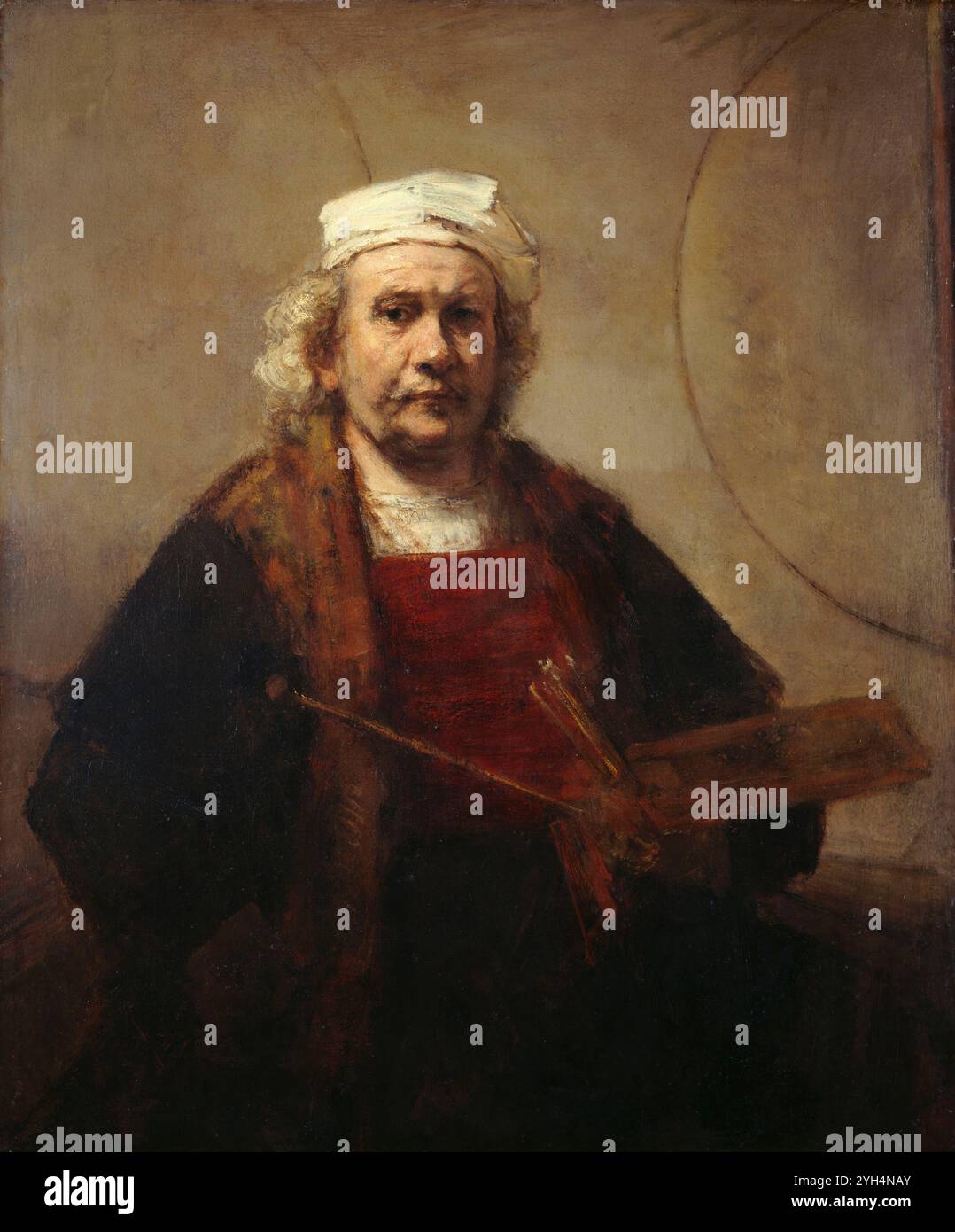 Titel: Selbstporträt mit zwei Kreisen Künstler: Rembrandt Harmenszoon van Rijn Jahr: Zwischen 1665 und 1669 Medium: Öl auf Leinwand Abmessungen: Höhe: 114,3 cm (45 Zoll); Breite: 94 cm (37 Zoll) Ort: The Iveagh Bequest, Kenwood House, London, Großbritannien Stockfoto