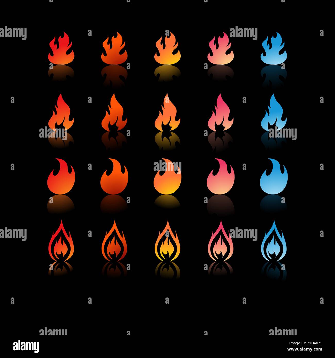 25 Feuersymbole mit unterschiedlichen Verläufen und Formen in Farben von Rot, Orange, Gelb, Pink bis Blau für die Spielentwicklung und Graphic Desig Stock Vektor