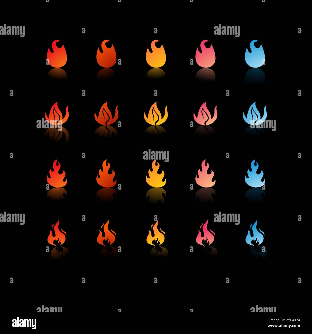 25 Feuersymbole mit unterschiedlichen Verläufen und Formen in Farben von Rot, Orange, Gelb, Pink bis Blau für die Spielentwicklung und Graphic Desig Stock Vektor