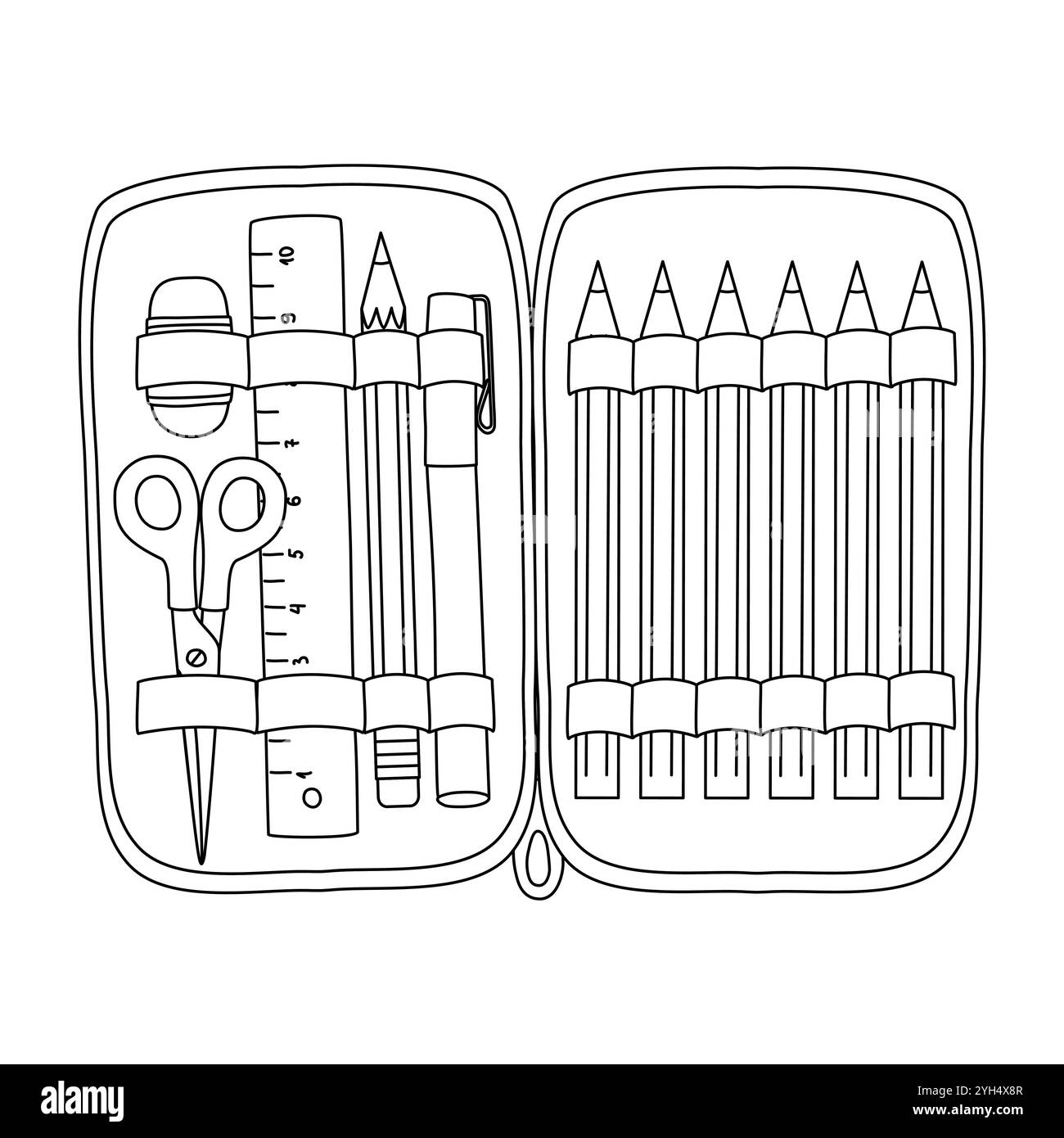Bleistiftetui mit Schulmaterialien, Doodle-Stil flache Vektor-Umrissillustration für Kinder Malbuch Stock Vektor