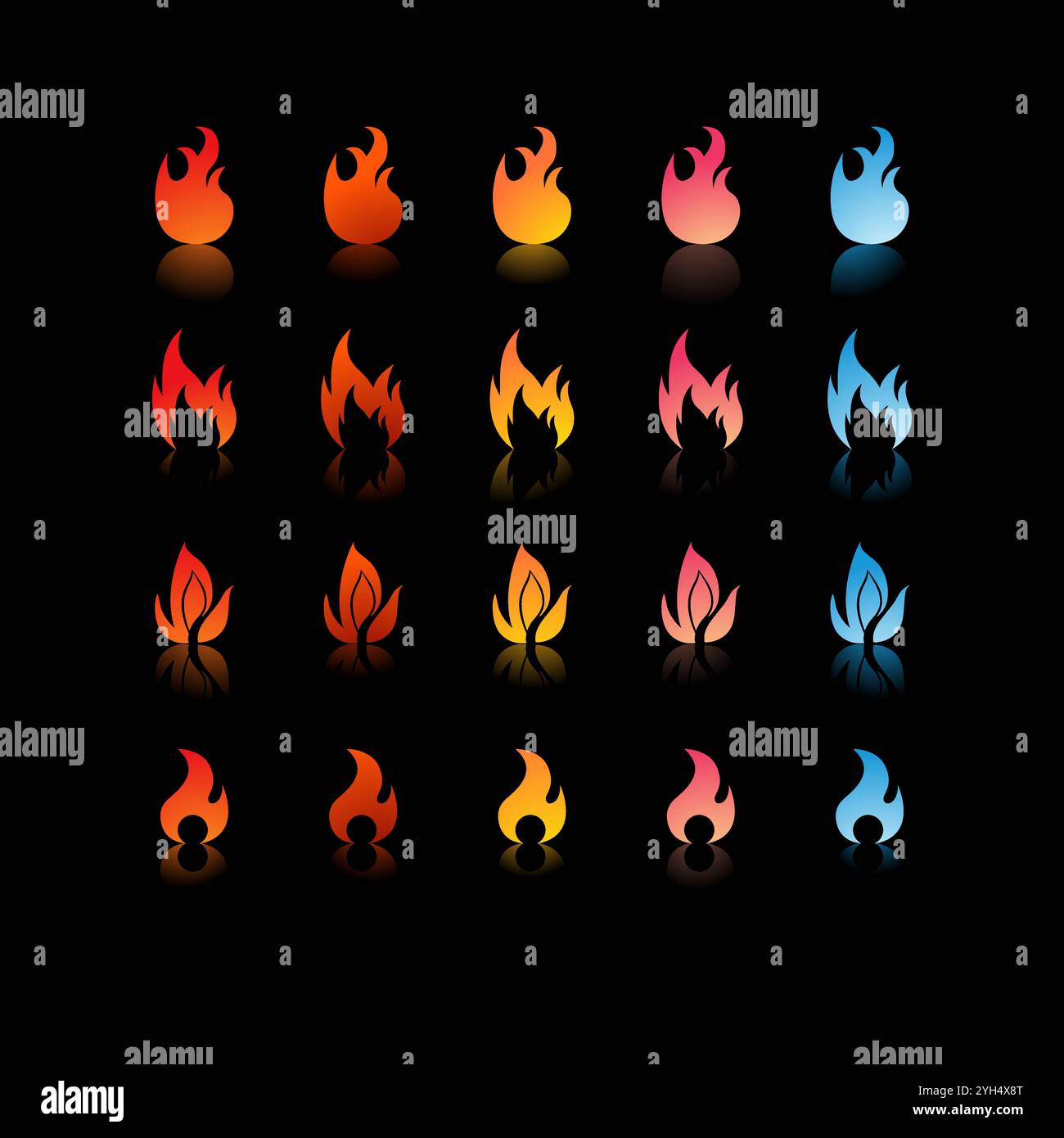 25 Feuersymbole mit unterschiedlichen Verläufen und Formen in Farben von Rot, Orange, Gelb, Pink bis Blau für die Spielentwicklung und Graphic Desig Stock Vektor