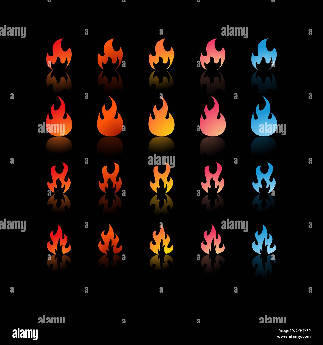 25 Feuersymbole mit unterschiedlichen Verläufen und Formen in Farben von Rot, Orange, Gelb, Pink bis Blau für die Spielentwicklung und Graphic Desig Stock Vektor