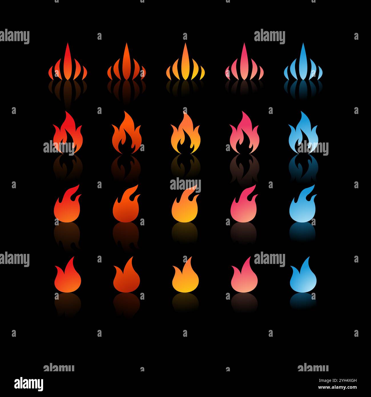 25 Feuersymbole mit unterschiedlichen Verläufen und Formen in Farben von Rot, Orange, Gelb, Pink bis Blau für die Spielentwicklung und Graphic Desig Stock Vektor