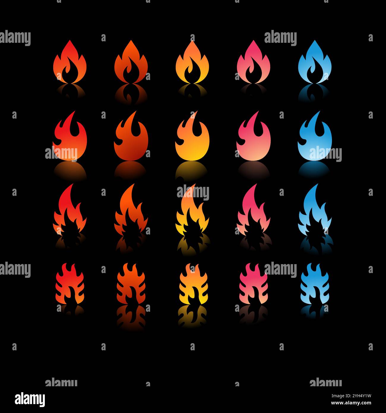 25 Feuersymbole mit unterschiedlichen Verläufen und Formen in Farben von Rot, Orange, Gelb, Pink bis Blau für die Spielentwicklung und Graphic Desig Stock Vektor