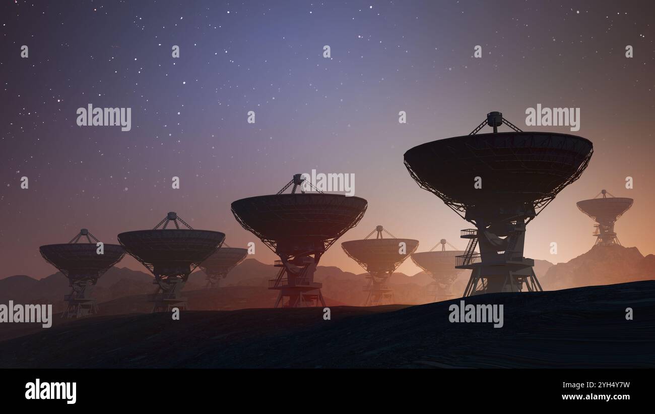 Array von Radioteleskopen für die wissenschaftliche Erforschung und Beobachtung des Weltraums. 3D-gerenderte Abbildung. Stockfoto