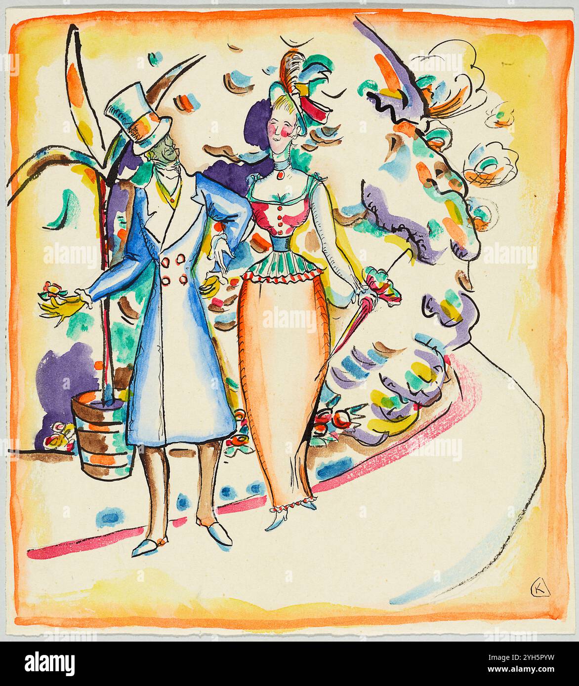 Promenierendes Paar im Garten / Paar spazieren im Garten. Vintage Art Aquarell, Tinte und Bleistift auf Papier von Wassily Kandinsky, 1916 Stockfoto