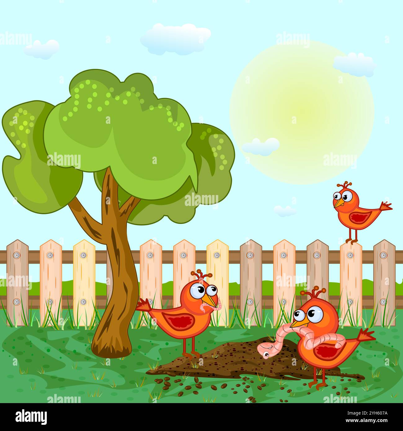 Vögel mit Regenwurm auf Gartenzaun Hintergrund. Vögel, die auf Haufenboden stehen und Wurm im Schnabel halten. Zwei Vögel mit Beute zum Frühstück. Vektor Stock Vektor