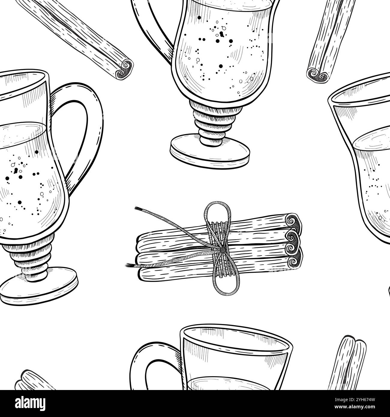Eine skurrile Illustration mit einer Vielzahl von Getränken und Zimtstangen, die in einem einzigartigen nahtlosen Muster angeordnet sind. Handgezeichnete Vektor-Schwarzweiß-Grafiken in Strichgrafik zum Drucken auf Papier und Stoff. Stock Vektor