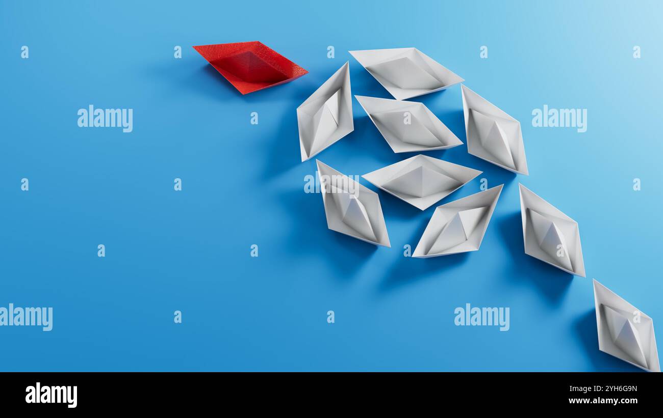 Gruppe blauer Papierboote, die in eine Richtung fahren, und ein roter, einer in die entgegengesetzte Richtung. Der Begriff Individualität, Einzigartigkeit und Tal Stockfoto