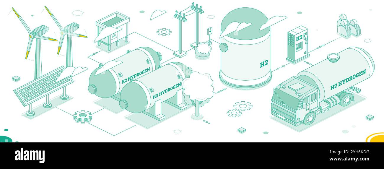 Isometrische h2-Wasserstoffspeicher. Vektorabbildung. Konturobjekte auf weißem Hintergrund isoliert. Stock Vektor