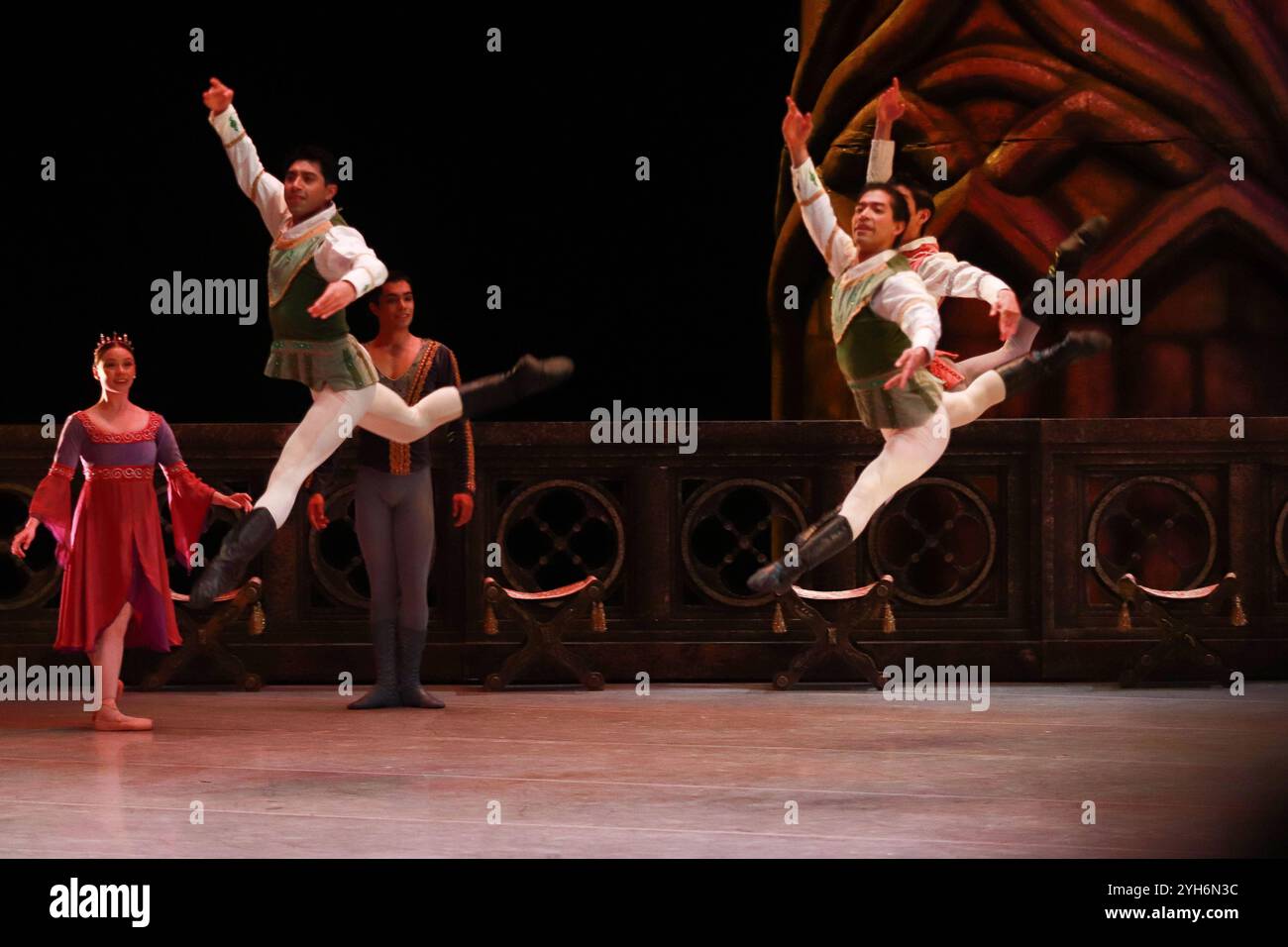 Swan Lake General Rehearsa im Palacio de Bellas Artes National Dance Company Tänzer treten auf der Bühne während einer Probe der Choreografie des Swan Lake von CuauhtÃ moc Najera auf, basierend auf Marius Petipa und Lev Ivanov. Im Palacio de Bellas Artes. Am 8. November 2024 in Mexiko-Stadt. Mexico City CDMX Mexico Copyright: XCarlosxSantiagox Stockfoto