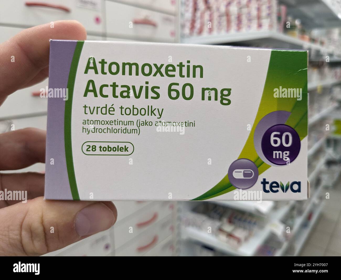Atomoxetin Actavis Box des Medikaments mit Atomoxetin Wirkstoff von Mylan, verwendet zur Behandlung von ADHS, Aufmerksamkeitsdefizit Hyperaktivitätsstörung, Stockfoto