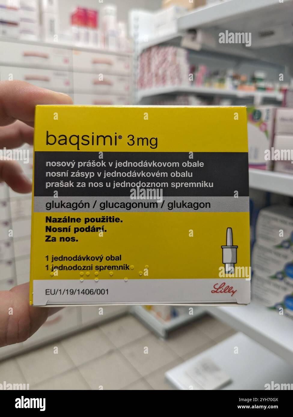 Baqsimi von ELI LILLY ist ein Nasenglukagonpulver zur Behandlung schwerer Hypoglykämie bei Diabetikern, das schnell wirkende Glucose zur schnellen Reanimation liefert Stockfoto