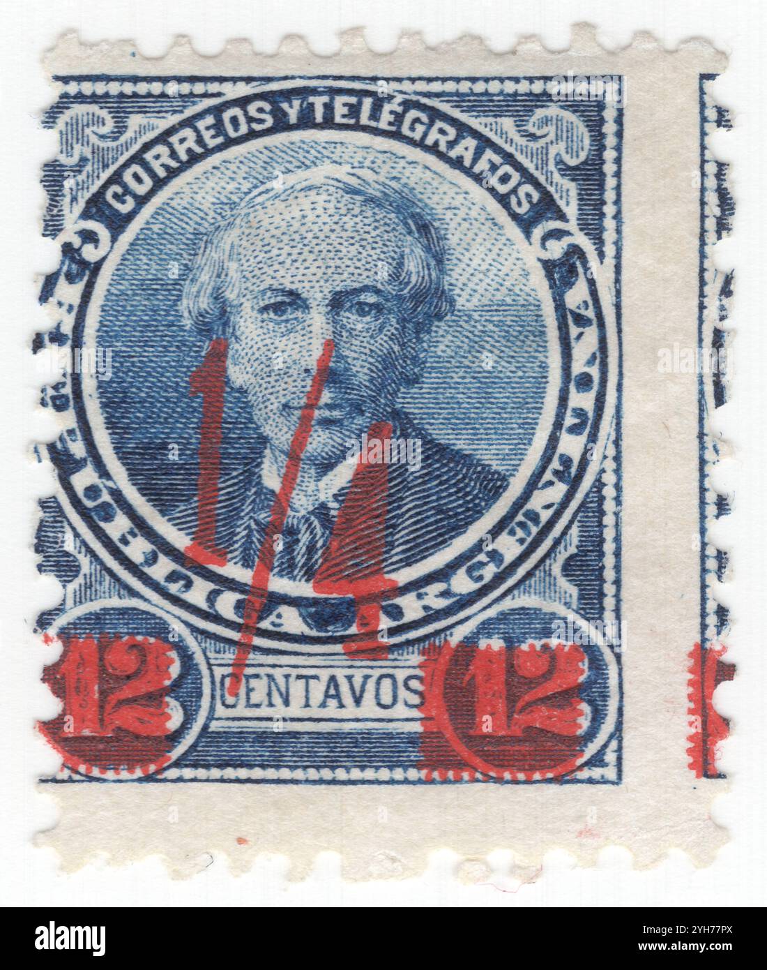 ARGENTINIEN - 1890. Mai 31: ¼ centavo auf 12 Centavos blauer Briefmarke mit Porträt von Juan Bautista Albendi (1819–1884), argentinischer Politiktheoretiker und Diplomat. Lithographischer Zuschlag '¼' und Balken in Rot Stockfoto