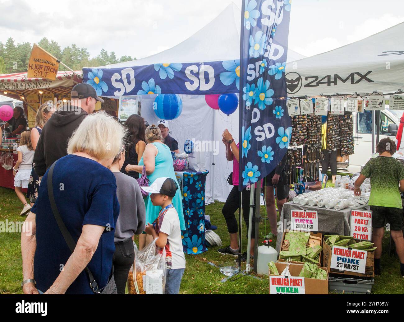 Die schwedische rechte Partei Schweden Demokraten rekrutiert neue Mitglieder auf einem Sommermarkt. Stockfoto