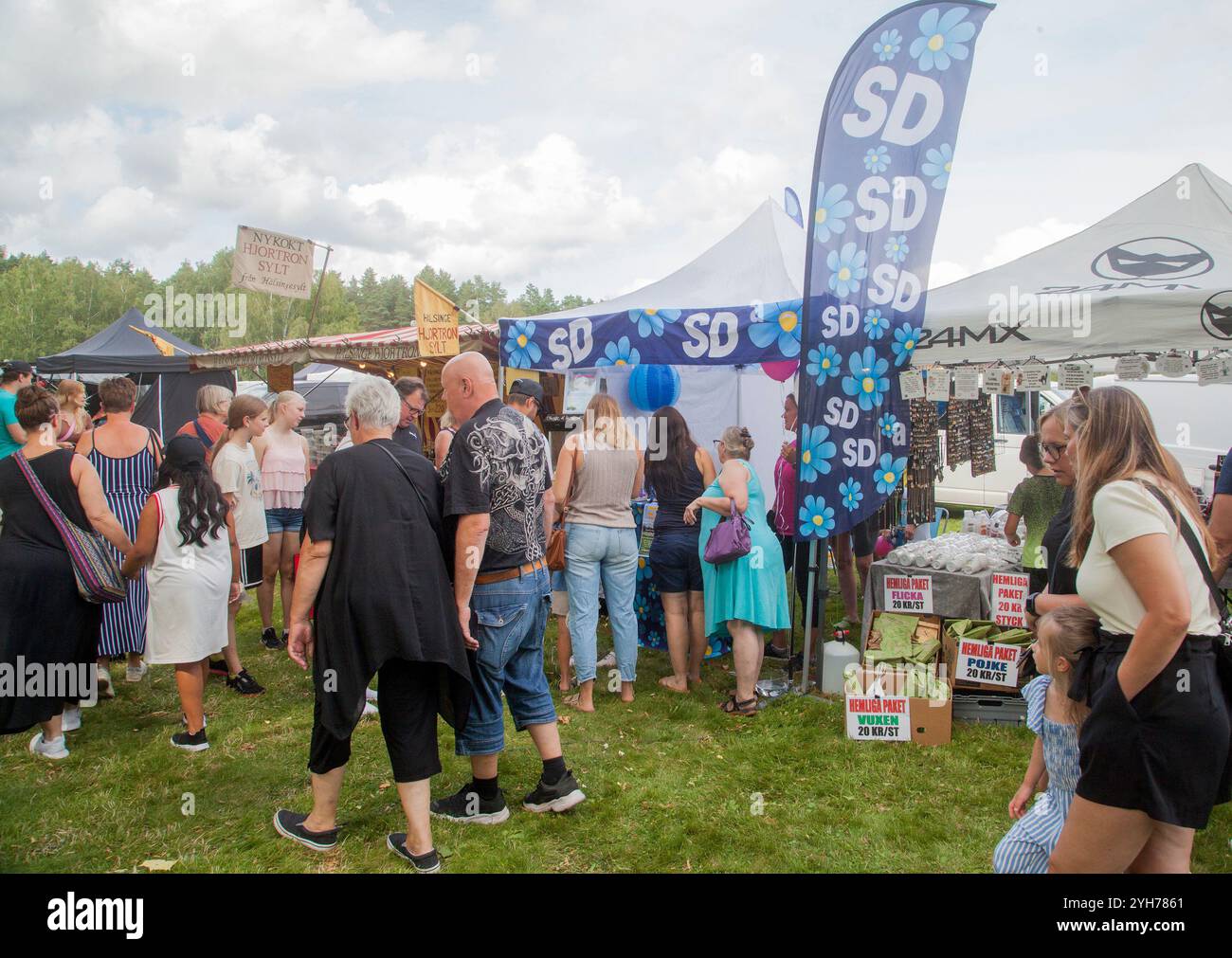 Die schwedische rechte Partei Schweden Demokraten rekrutiert neue Mitglieder auf einem Sommermarkt. Stockfoto