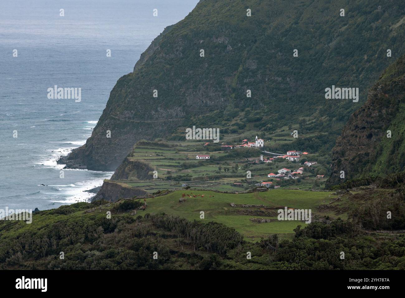 In der Gemeinde Lajes das Flores, im portugiesischen Archipel der Azoren, liegt Fajã Grande. Insbesondere hat sie die Unterscheidung des Seins Stockfoto