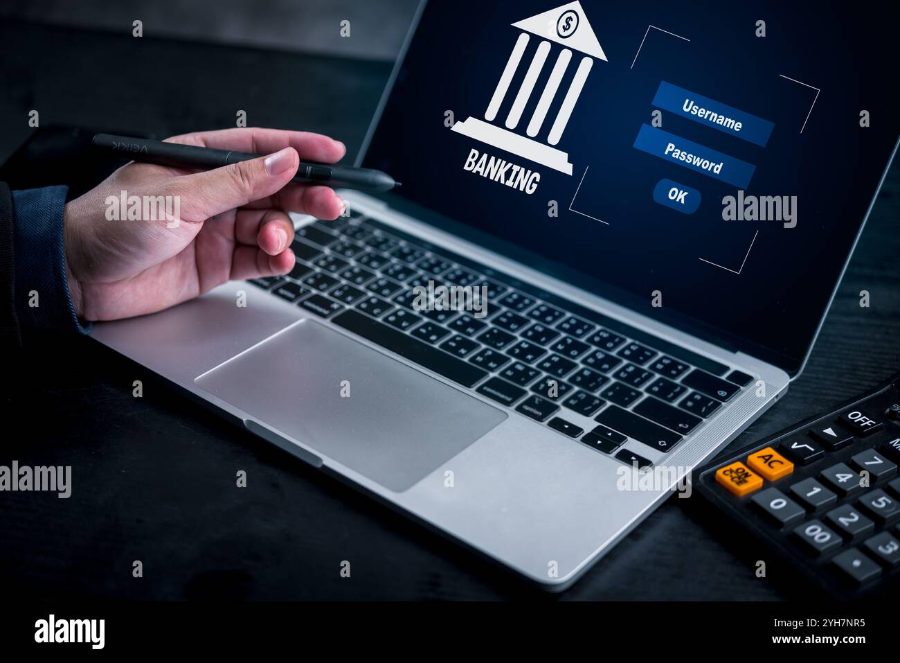 Die Hand zeigt auf den Laptop-Bildschirm, auf dem die Anmeldeschnittstelle für das Online-Banking angezeigt wird Geeignet für Finanzsicherheit, Online-Banking und Cybersicherheit. Stockfoto