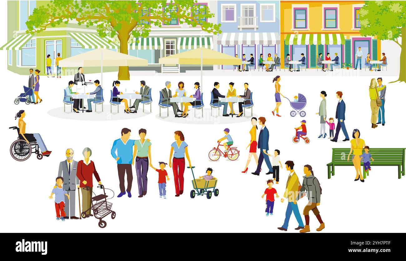 Gruppen von Personen in ihrer Freizeit in einem Wohngebiet mit Restaurants, Illustration Stockfoto