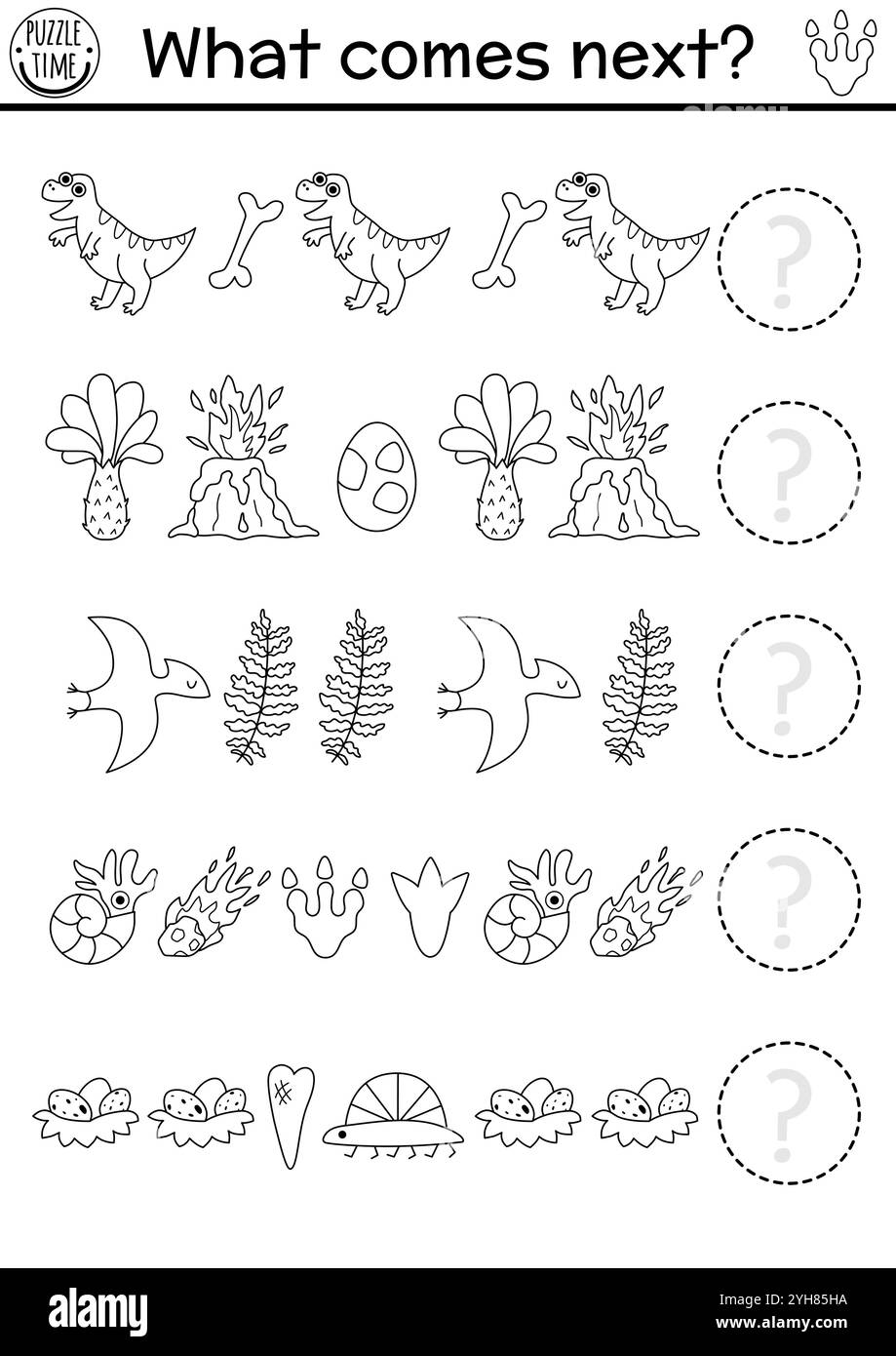 Was kommt als Nächstes? Dinosaurier schwarz-weiß logische Aktivität für Kinder mit T-rex, Ei, Vulkan, Pterosaurier, Meteorit. Prähistorische Linienlogik erfolgreich Stock Vektor Was kommt als Nächstes? Dinosaurier schwarz-weiß logische Aktivität für Kinder mit T-rex, Ei, Vulkan, Pterosaurier, Meteorit. Prähistorische Linienlogik erfolgreich Stock Vektor