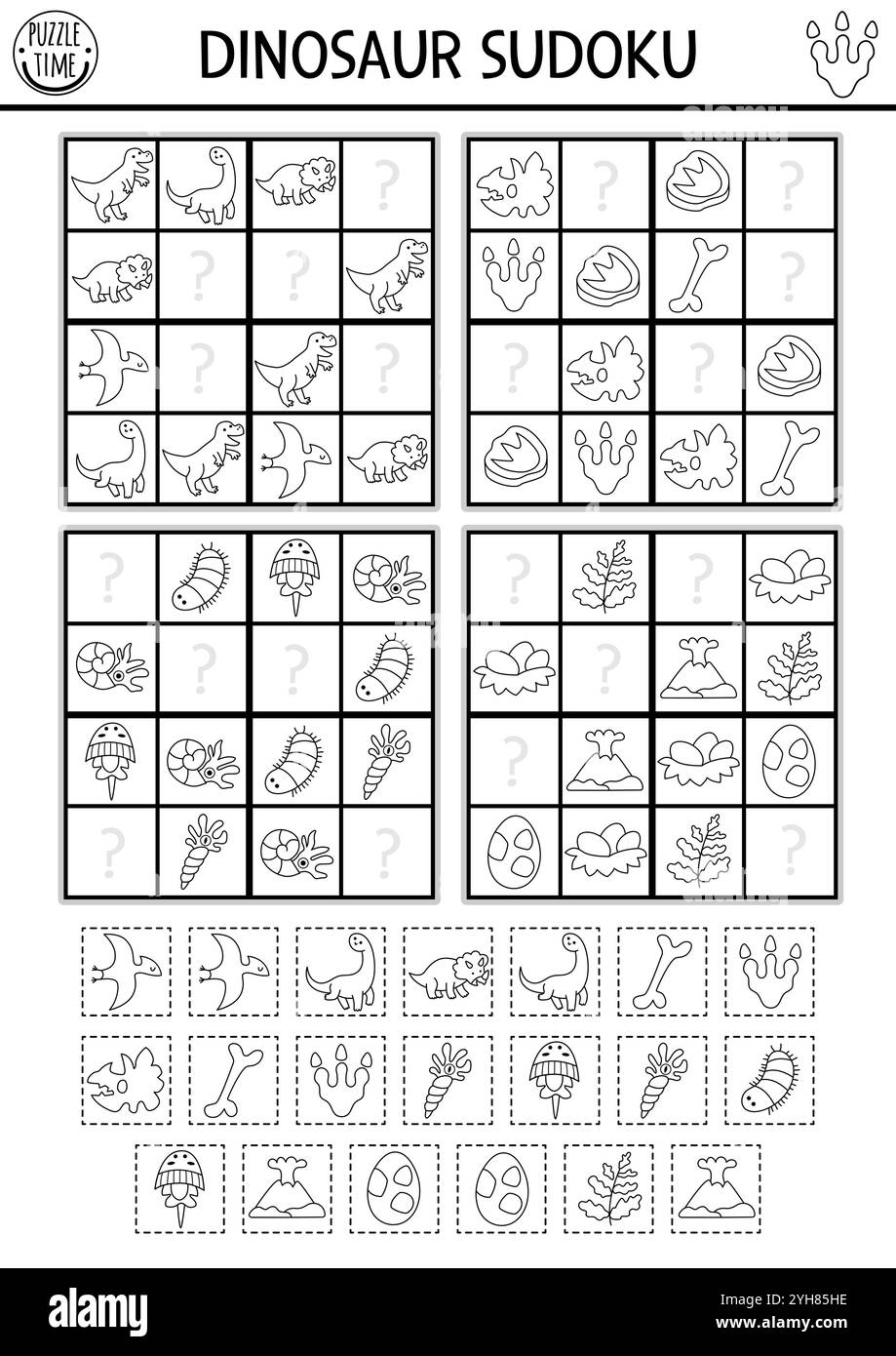 Vektor-Dinosaurier-Sudoku-Puzzle für Kinder mit Bildern. Prähistorisches Quiz in Schwarz-weiß-Linie mit Schnittelementen und Leimelementen. Bildungsaktivität oder Färbung Stock Vektor Vektor-Dinosaurier-Sudoku-Puzzle für Kinder mit Bildern. Prähistorisches Quiz in Schwarz-weiß-Linie mit Schnittelementen und Leimelementen. Bildungsaktivität oder Färbung Stock Vektor