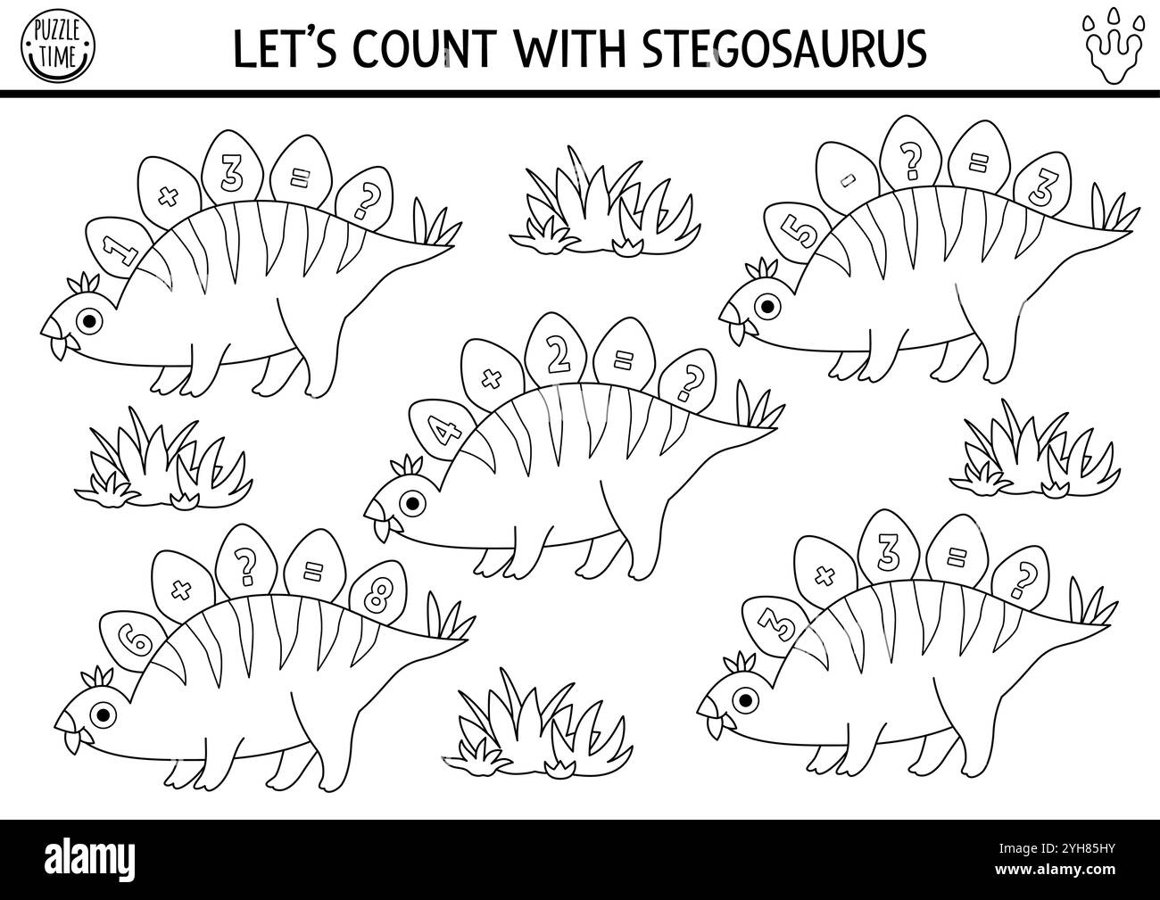 Schwarz-weiß-Zählspiel mit Stegosaurier und Zahlen auf seinen knöchernen Platten. Dinosaurier-Math-Zusatzaktivität für Vorschulkinder. Prähistorischer Line Dino Stock Vektor