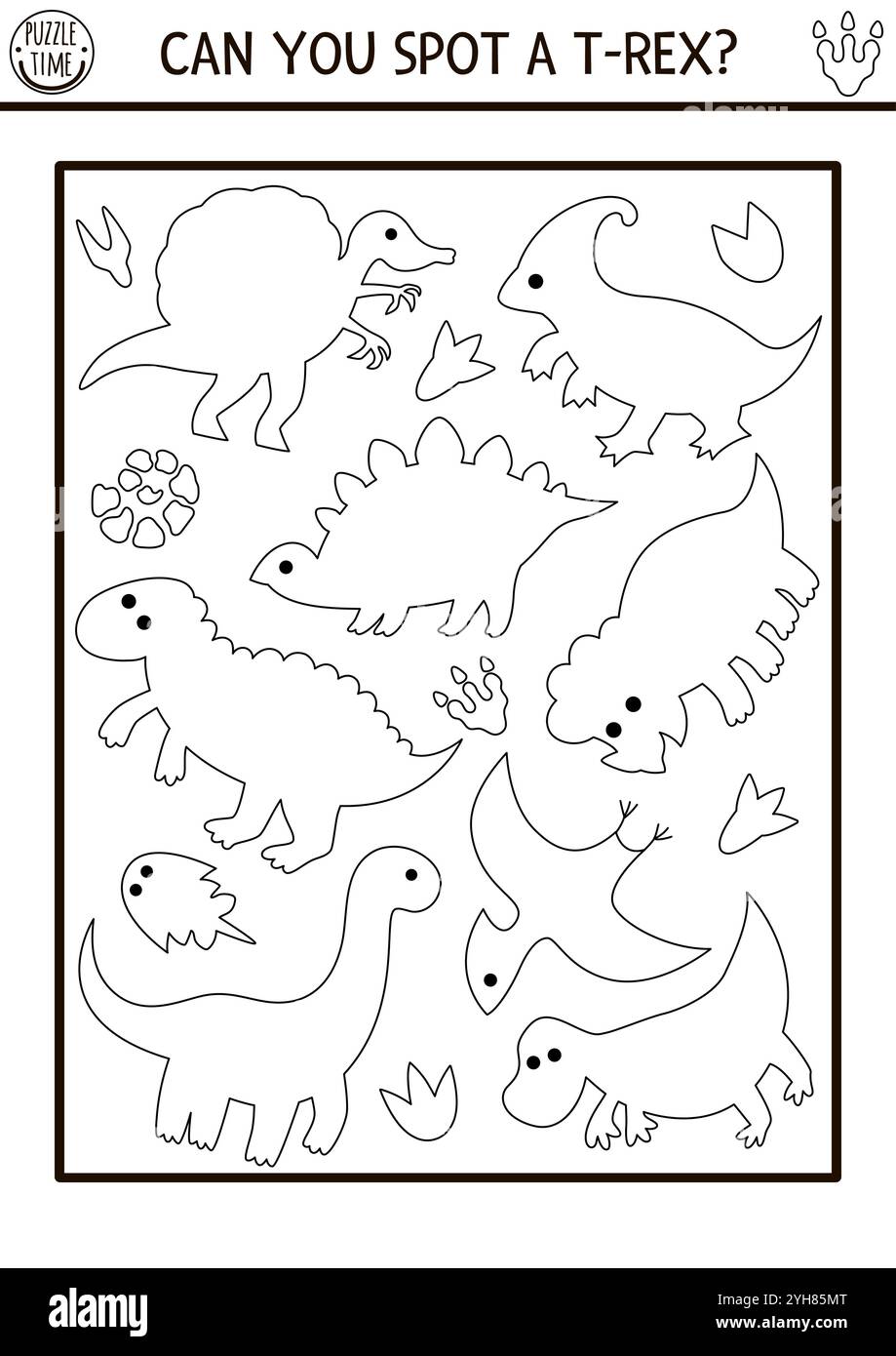 Dinosaurier schwarz-weiß Ich spioniere Spiel für Kinder. Suche und Formerkennungslinien mit T-rex, Stegosaur, triceratops. Prähistorisch druckbar Stock Vektor