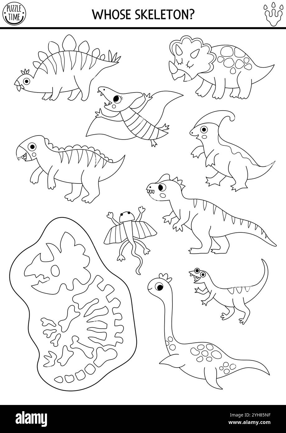 Dinosaurier in Schwarz und weiß, passend zu Aktivität mit niedlichen Tieren, triceratops Skelett. Prähistorisches Linienpuzzle mit Stegosaurier. Passen Sie die Knochen an und kreisen Sie sie ein Stock Vektor