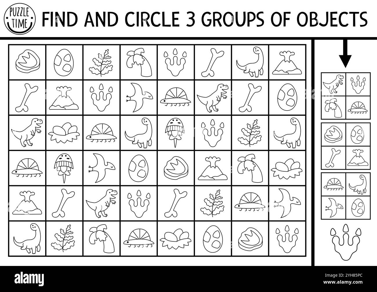 Dinosaurier in Schwarz und weiß suchen und finden Spiel mit traditionellen Symbolen. Aufmerksamkeit Skills Line Puzzle mit T-rex, Nest, Knochen. Prähistorisch druckbares aktiv Stock Vektor