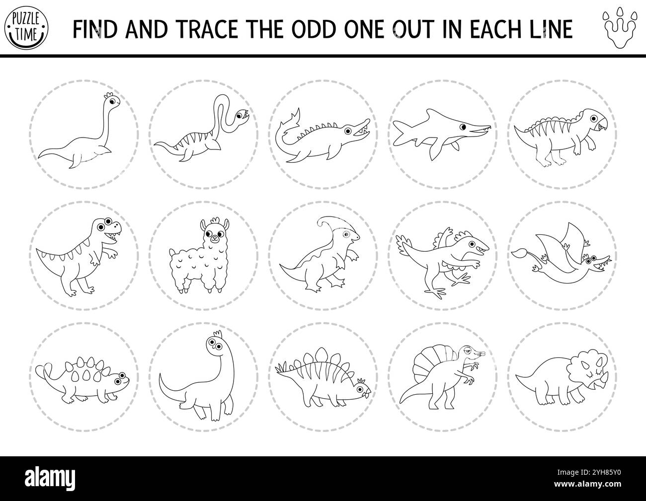Finden Sie den seltsamen heraus. Dinosaurier schwarz-weiß logische Aktivität für Kinder. Quiz-Arbeitsblatt für prähistorische Bildungslinien für Aufmerksamkeitsfähigkeiten. Dino Land Stock Vektor