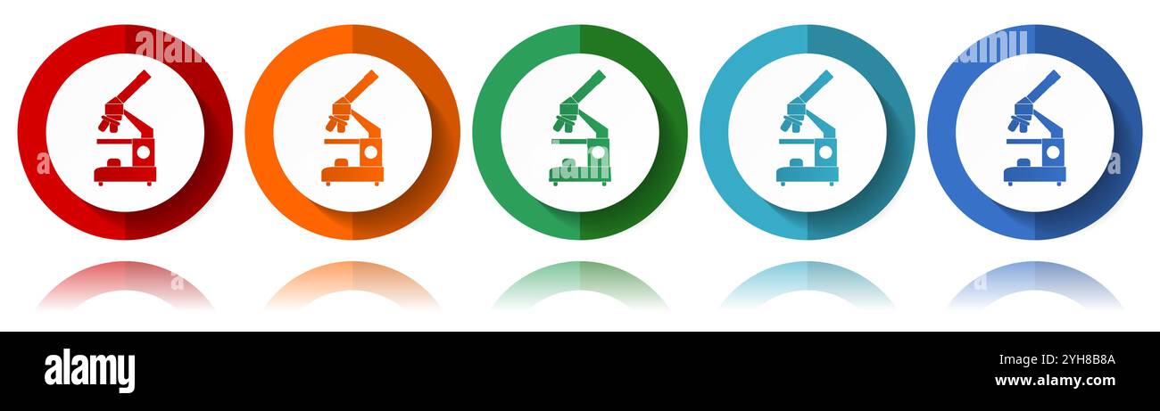 Mikroskop-, Wissenschafts- und Forschungsvektorsymbole, flacher Symbolsatz für Logo-Design, Webdesign und mobile Anwendungen, farbenfrohe Webbutton-Kollektion in eps Stock Vektor