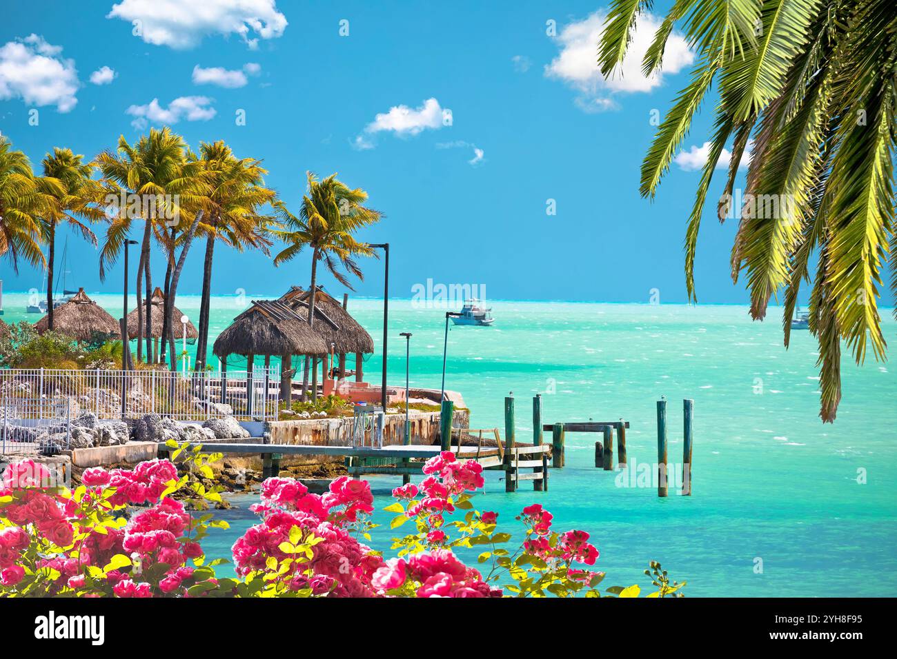 Türkisfarbenes Uferviertel der Florida Keys in Marathon Palmen und türkisfarbenem Meerblick, Florida, Vereinigte staaten von Amerika Stockfoto