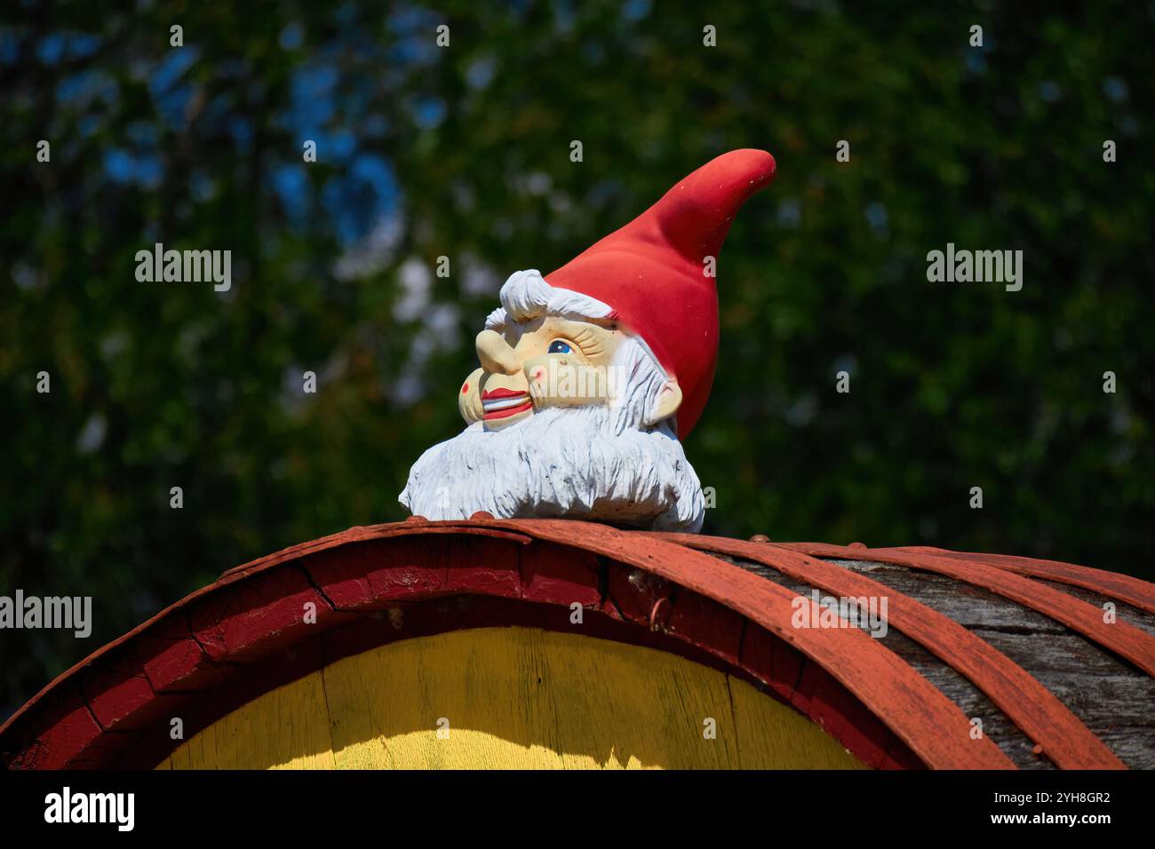 Der Kopf eines Zwergs mit weißem Bart und rotem Hut, der auf einem Holzfass sitzt. Stockfoto