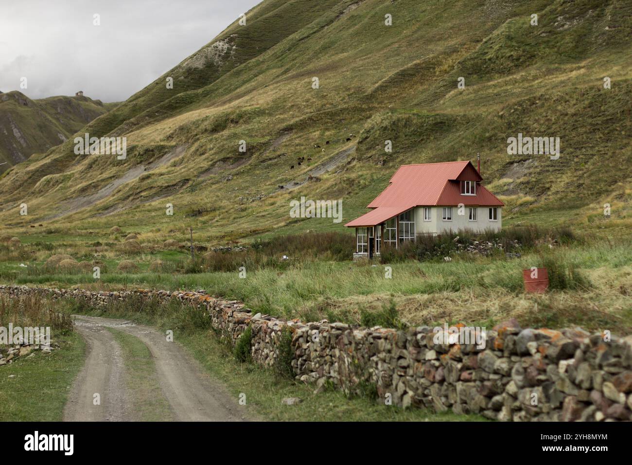 Dieses horizontal ausgerichtete Foto fängt eine friedliche ländliche Szene in den Herbsthügeln Georgiens ein. Ein gemütliches Haus mit einem hellroten Dach sitzt eingebettet Stockfoto