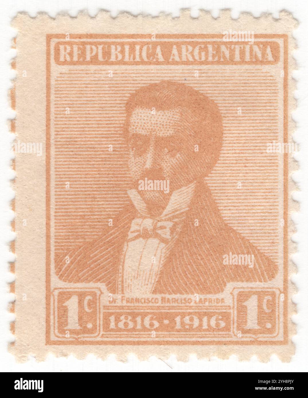 ARGENTINIEN - 9. Juli 1916: 1 Centavos-Briefmarke mit Porträt von Francisco Narciso de Laprida, einem argentinischen Anwalt und Politiker. Er war Vertreter von San Juan auf dem Kongress von Tucumán und dessen Präsident am 9. Juli 1816, als die Unabhängigkeitserklärung Argentiniens erklärt wurde. Hundertjahrfeier der Unabhängigkeitserklärung Spaniens durch Argentinien am 9. Juli 1816 Stockfoto