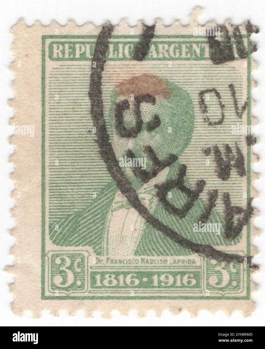 ARGENTINIEN - 9. Juli 1916: 3 Centavo-grüne Briefmarke mit Porträt von Francisco Narciso de Laprida, einem argentinischen Anwalt und Politiker. Er war Vertreter von San Juan auf dem Kongress von Tucumán und dessen Präsident am 9. Juli 1816, als die Unabhängigkeitserklärung Argentiniens erklärt wurde. Hundertjahrfeier der Unabhängigkeitserklärung Spaniens durch Argentinien am 9. Juli 1816 Stockfoto
