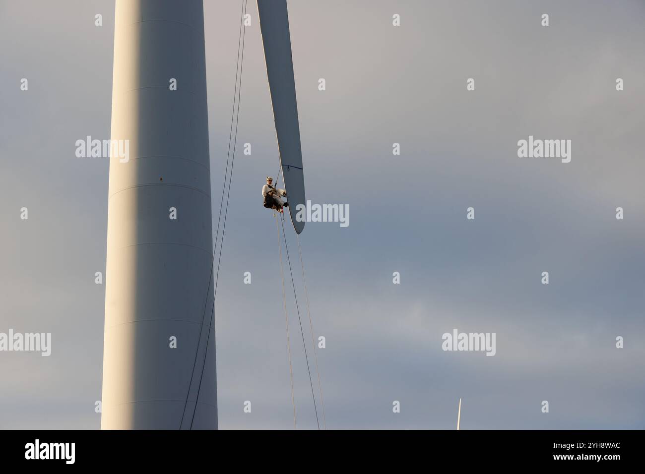 9. November 2024. Forss, Caithness, Schottland. Der Techniker Michael Parry repariert eine Windmühle auf der Forss Wind Farm in der Nähe von Thurso, Schottland. Stockfoto