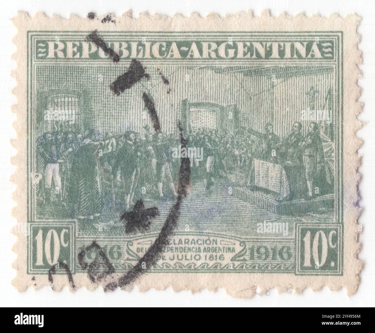 ARGENTINIEN - 9. Juli 1916: 10 Centavo grau-grüne Briefmarke mit der Darstellung der Unabhängigkeitserklärung. Hundertjahrfeier der Unabhängigkeitserklärung Spaniens durch Argentinien am 9. Juli 1816. Was heute gemeinhin als Unabhängigkeit Argentiniens bezeichnet wird, wurde am 9. Juli 1816 vom Kongress von Tucumán erklärt. In Wirklichkeit erklärten die Kongressabgeordneten, die in Tucumán versammelt waren, die Unabhängigkeit der Vereinigten Provinzen Südamerikas, einer der offiziellen Namen der Argentinischen Republik. Die Bundesliga-Provinzen, die im Krieg mit den Vereinigten Provinzen standen, durften nicht in den Kongress Stockfoto