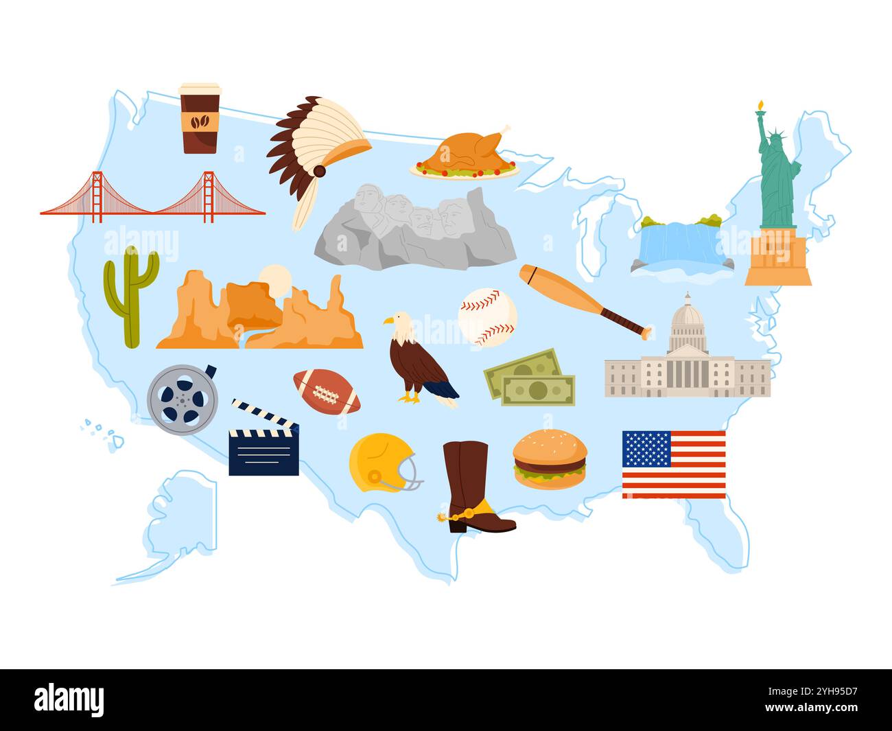 Reisen Sie in die USA, Infografik-Poster-Design mit kulturellen Elementen, Architektur und Naturdenkmälern auf der Karte. Natur und Essen, berühmte Gebäude der Vereinigten Staaten von Amerika Cartoon Vektor Illustration Stock Vektor