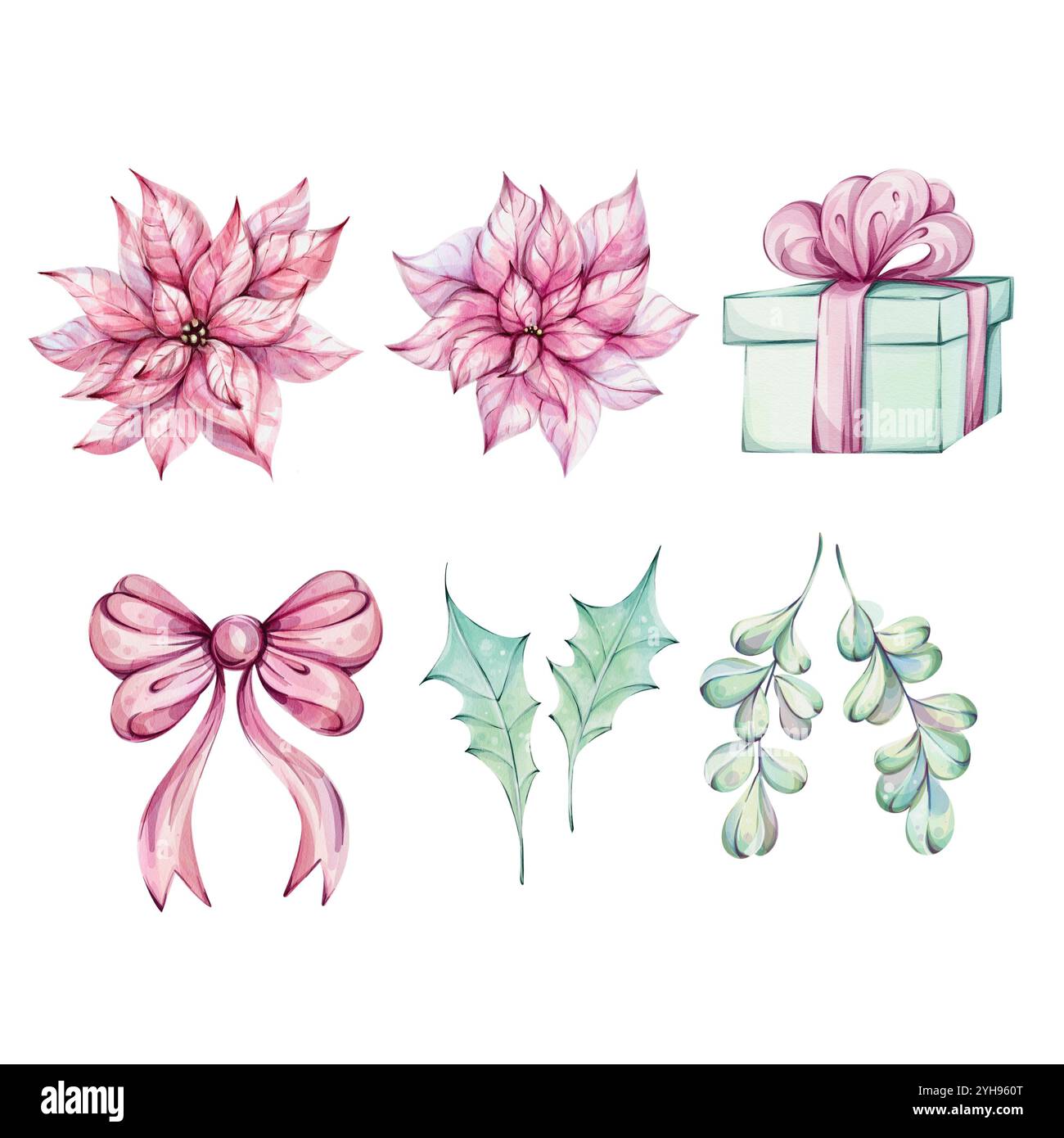 Weihnachtsclip Art - Aquarell Rote Weihnachtsstern mit stechpalmenblättern und Schleife, Geschenkbox. Neujahrsfeier. Illustration für Design handgezeichnet Stockfoto