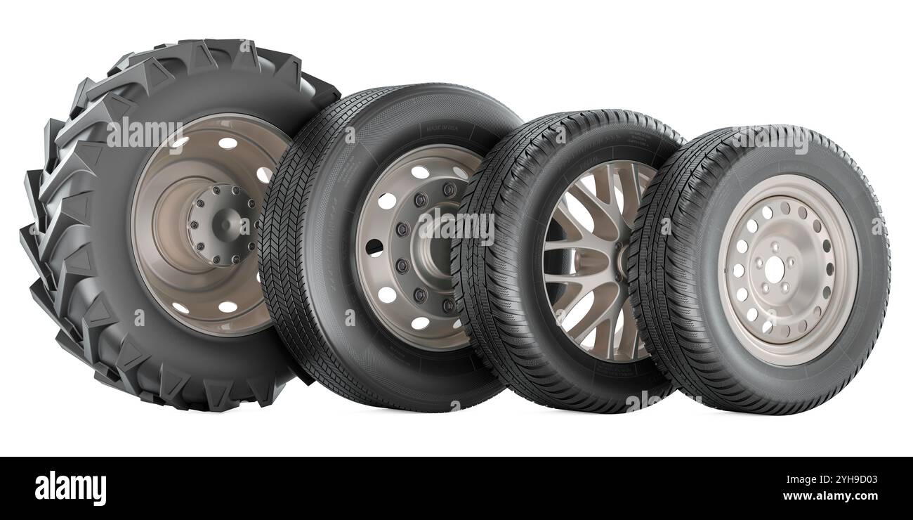 Traktor-, Bus- oder LKW-Rad und Pkw-Räder mit Stahl- und Leichtmetallfelgen. Räder verschiedener Typen und Größen, 3D-Rendering isoliert auf weißem Hintergrund Stockfoto