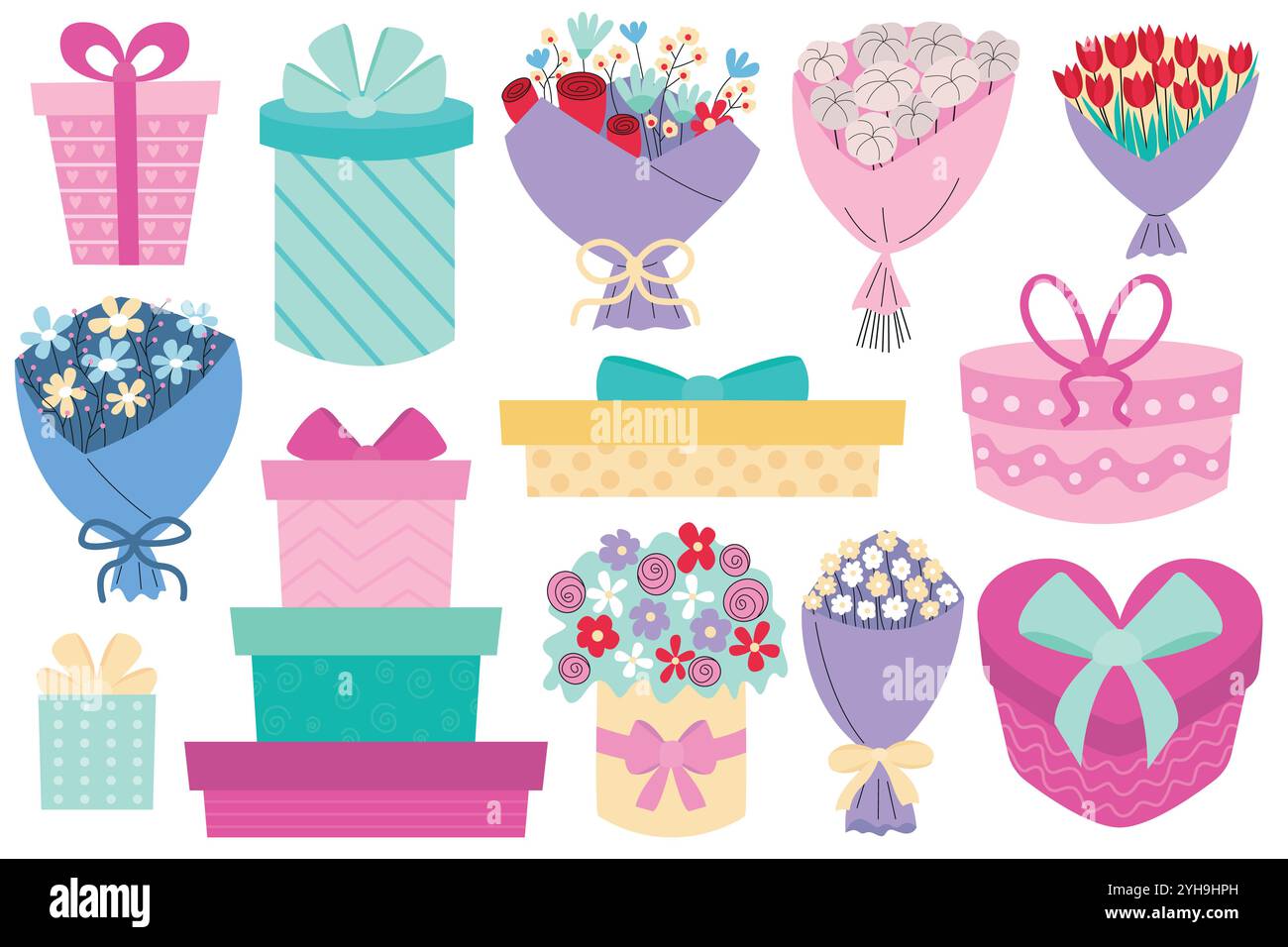 Blumensträuße und Geschenkboxen Stock Vektor
