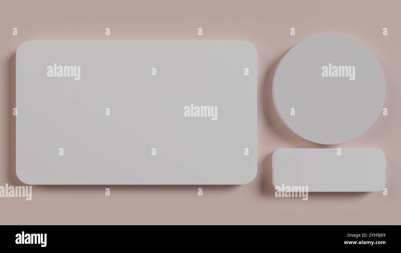Minimalistischer Hintergrund mit weißen geometrischen Formen in weiß auf hellrosa Hintergrund. Perfekt für Präsentationen, Videos und Designprojekte. Stockfoto
