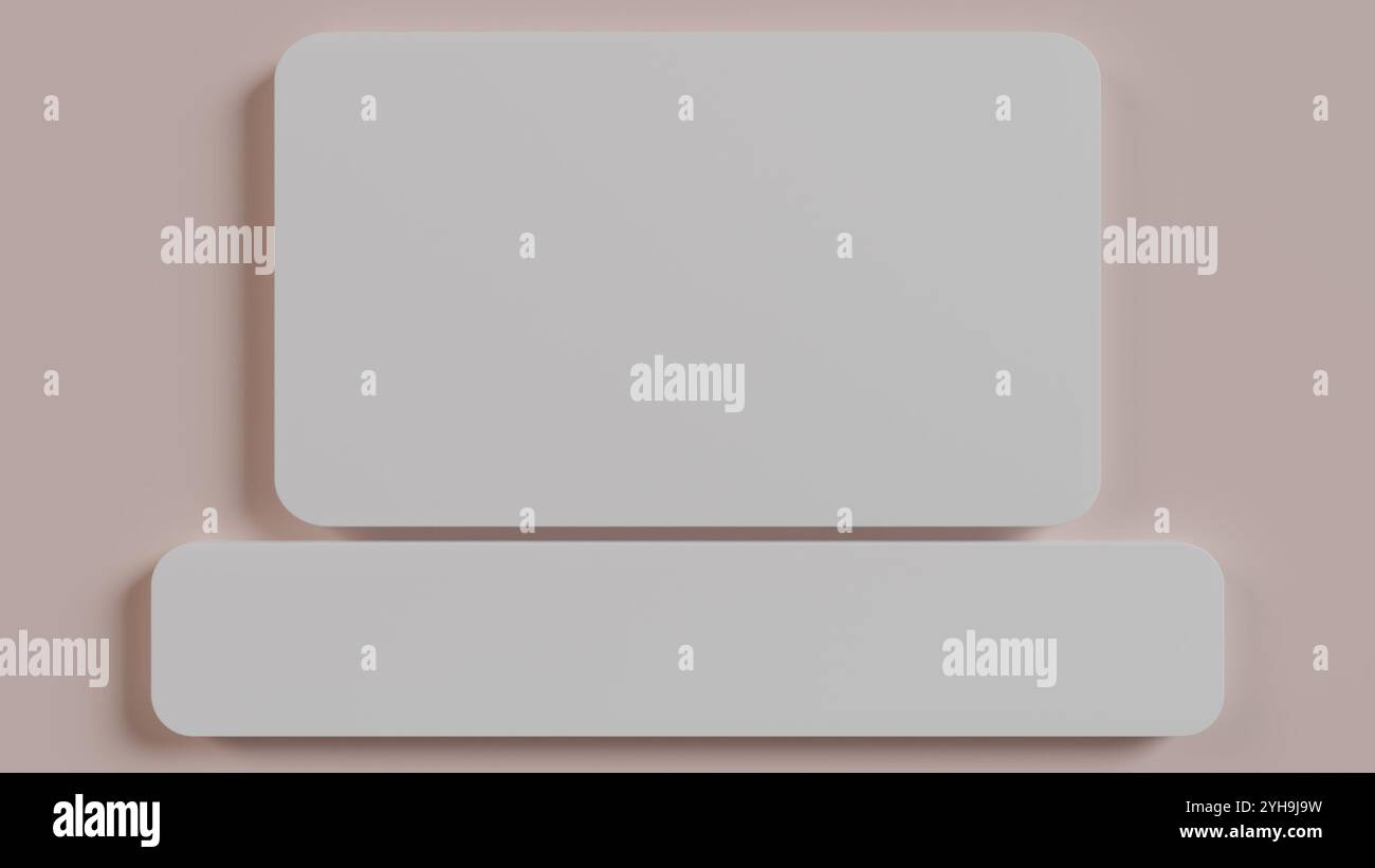 Sauberer Hintergrund mit einfachen weißen geometrischen Formen in weiß auf hellrosa Hintergrund. Perfekt für Präsentationen, Videos und Designprojekte. Stockfoto