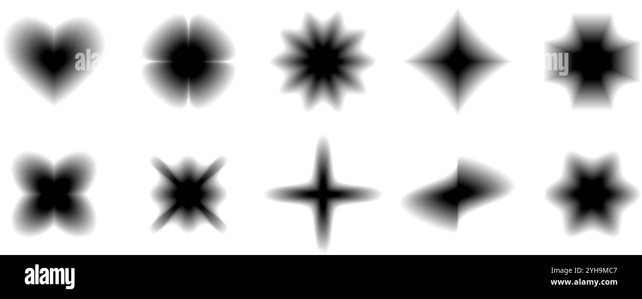 Schwarzes, glattes, verschwommenes Verlaufsformular. Grunge Unschärfe Aura Shape Kollektion. Verblasste abstrakte Elemente für Poster, Vorlage, Abzeichen, Aufkleber, Collage. Vektorblume, Stern, Welle und Herzpack Stock Vektor