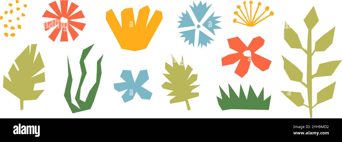 Die Kollektion „Organic Paper Elements“ ist ganz einfach. Farbenfrohes Set mit abstraktem Blumendesign. Kid Schnitt Pflanzen, Blumen, Blattbündel zur Dekoration, Poster, Banner, Druck. Kinder-Illustration-Paket. Vektor Stock Vektor