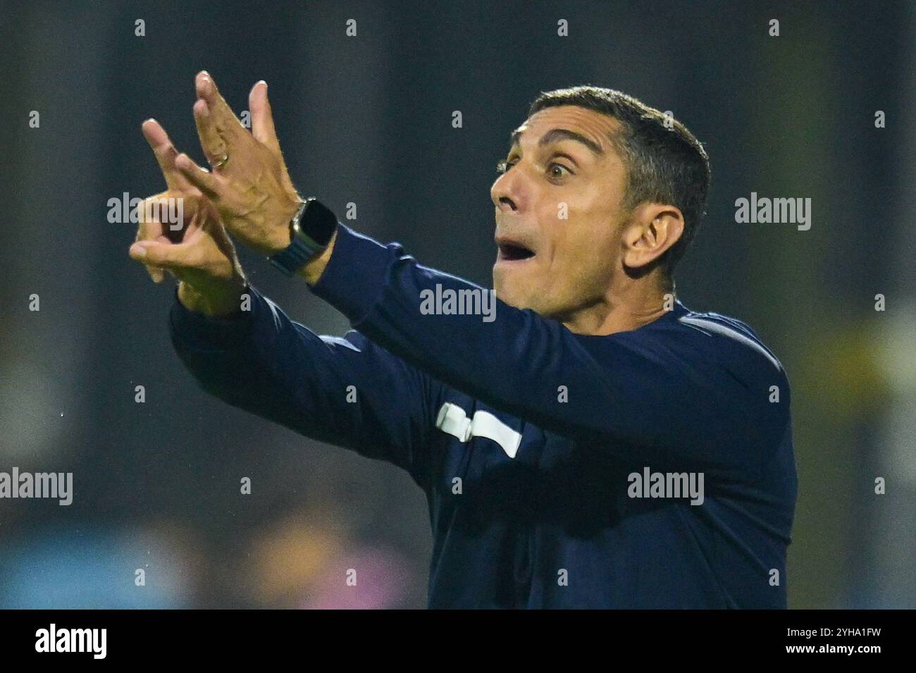 Salerno, Italien. November 2024. Moreno Longo Cheftrainer des SSC Bari Gesten während des Spiels der Serie B zwischen US Salernitana und SSC Bari im Stadio Arechi, Salerno, Italien am 10. November 2024. Quelle: Nicola Ianuale/Alamy Live News Stockfoto